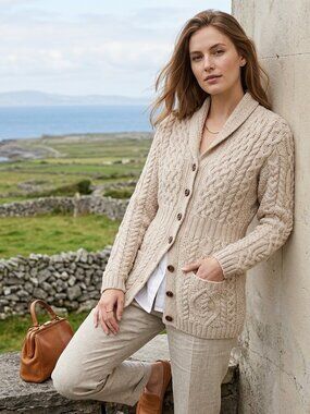 Aran Islands Ireland 100% Merino Wool Cable Knit Crew Neck Cardigan Sweater Smal